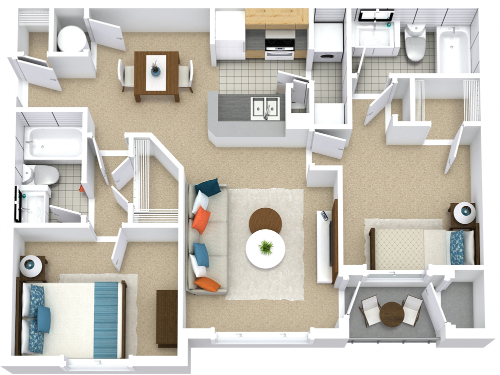 Floor plan for 2 beds, 2 baths, 1149 sqft